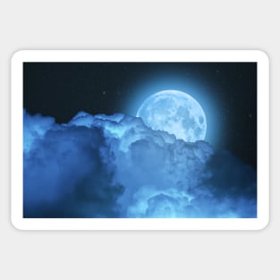 Blue super moon glowing against starry cloudy sky Sticker